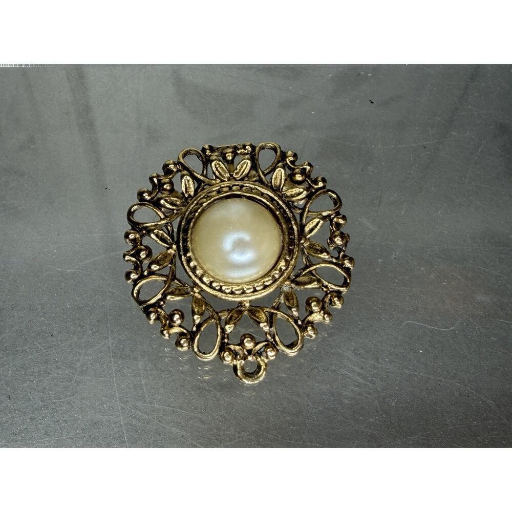 Gold Tone Faux Pearl Brooch Filagree Pendant Hollywood Regency Glam